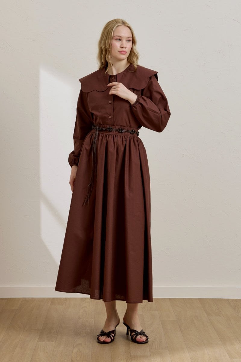 Acı Kahve Papatya Yaka Crop Gömlek & Balon Etek