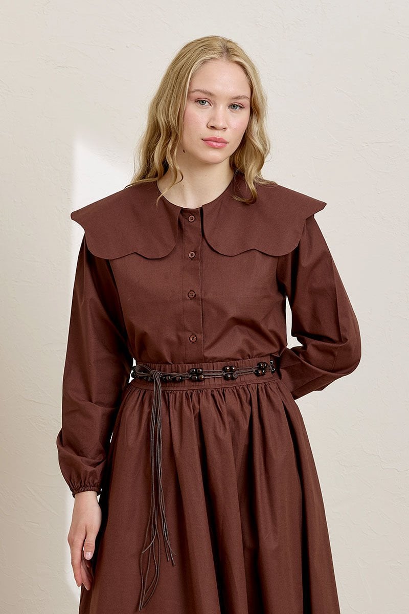 Acı Kahve Papatya Yaka Crop Gömlek & Balon Etek