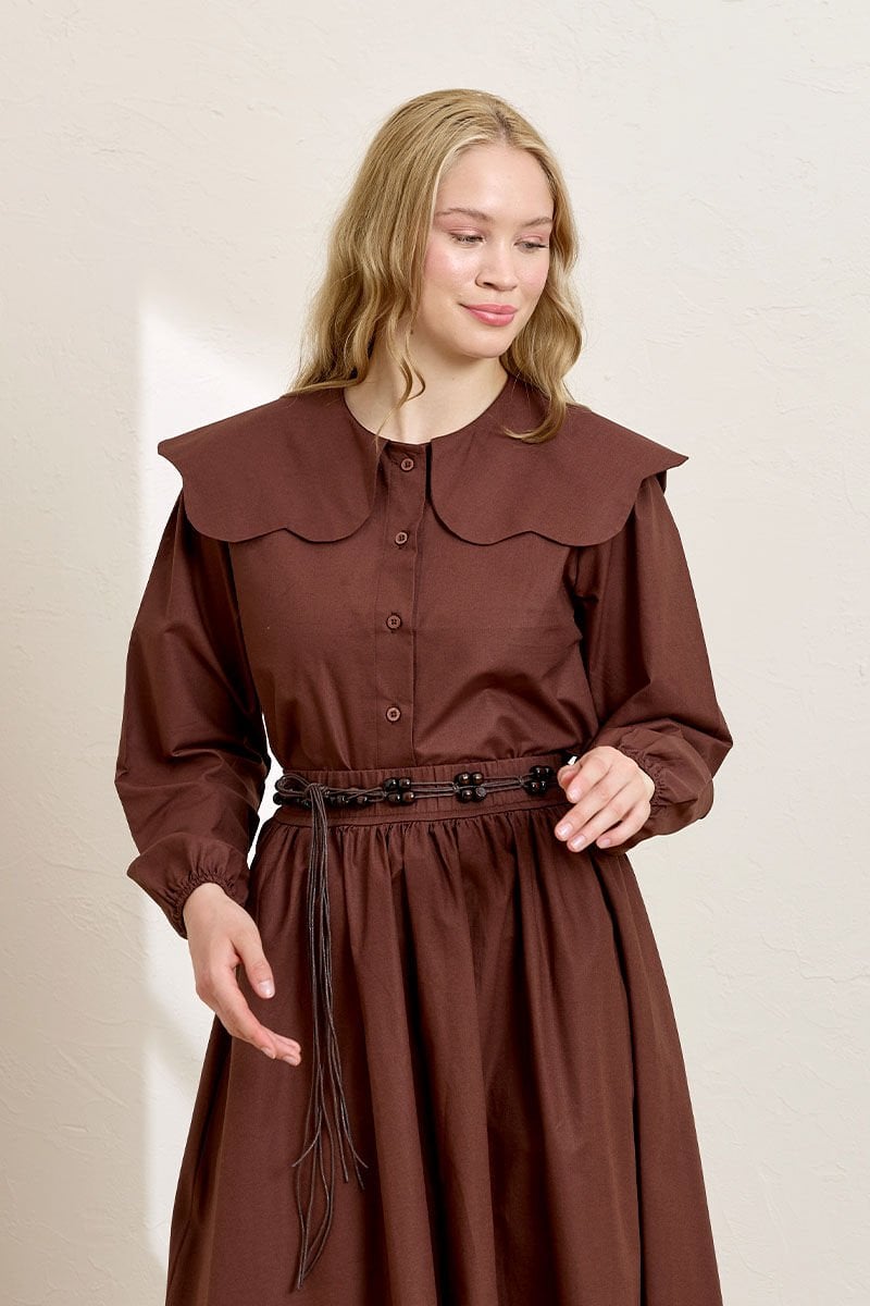 Acı Kahve Papatya Yaka Crop Gömlek & Balon Etek