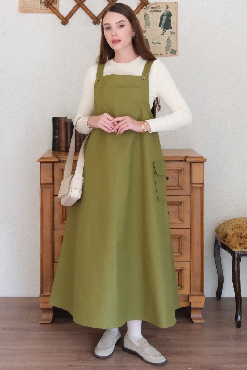 Yağ Yeşili Keten Etekli Salopet
