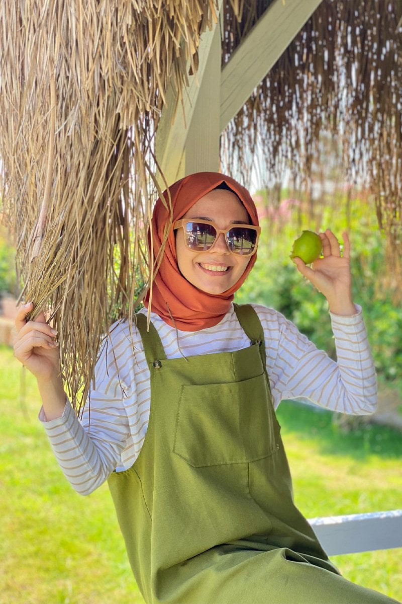 Yağ Yeşili Keten Salopet Tulum / Harmandalı