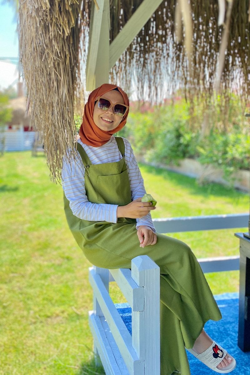 Yağ Yeşili Keten Salopet Tulum / Harmandalı