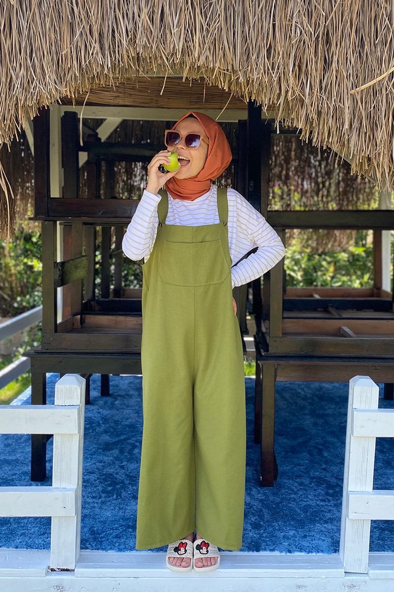 Yağ Yeşili Keten Salopet Tulum / Harmandalı