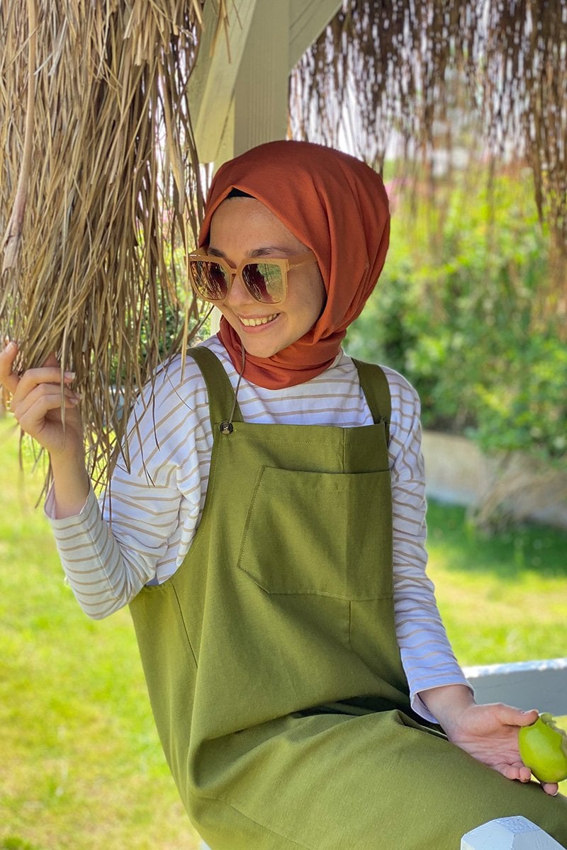 Yağ Yeşili Keten Salopet Tulum / Harmandalı