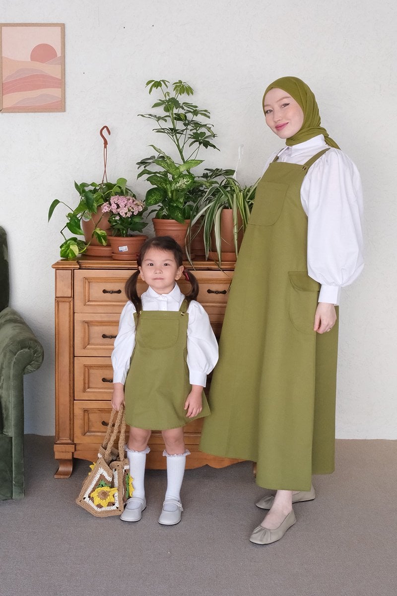 Anne - Çocuk Yağ Yeşili Duck Keten Etekli Salopet