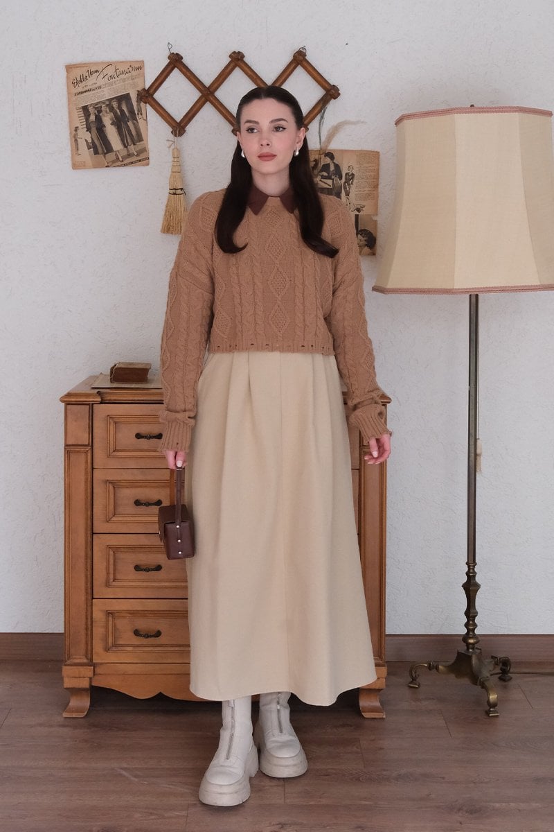Karamel Örgülü Crop Kazak