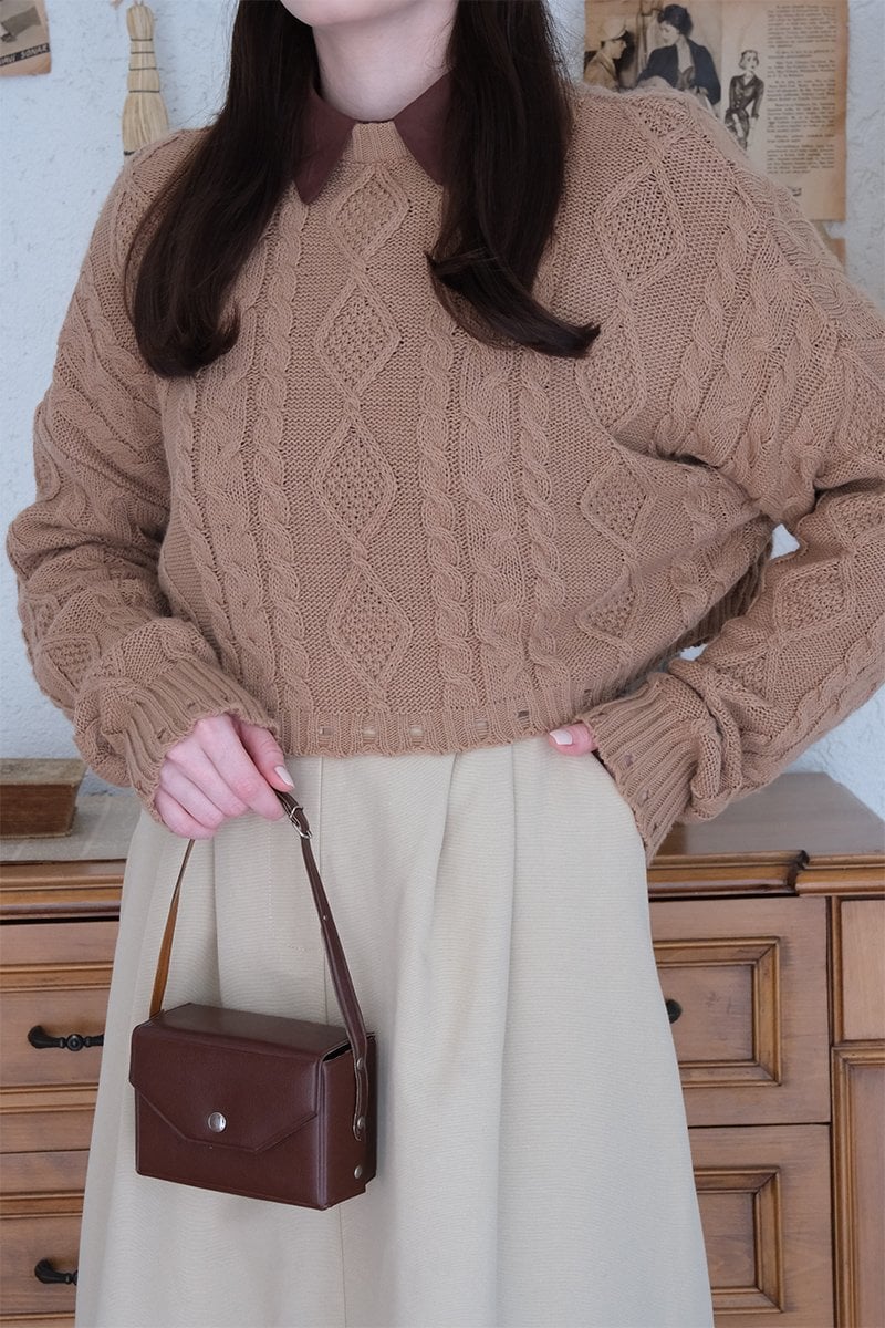 Karamel Örgülü Crop Kazak