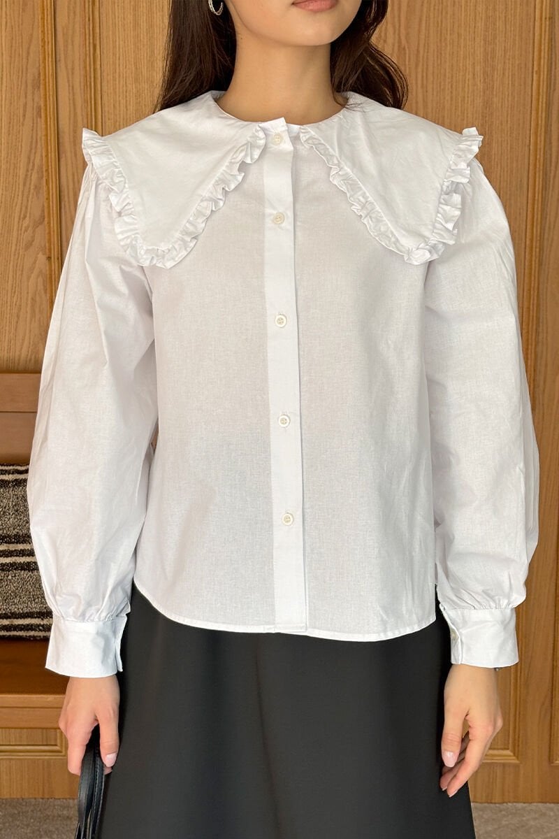 Beyaz Yakası Fırfırlı Crop Gömlek