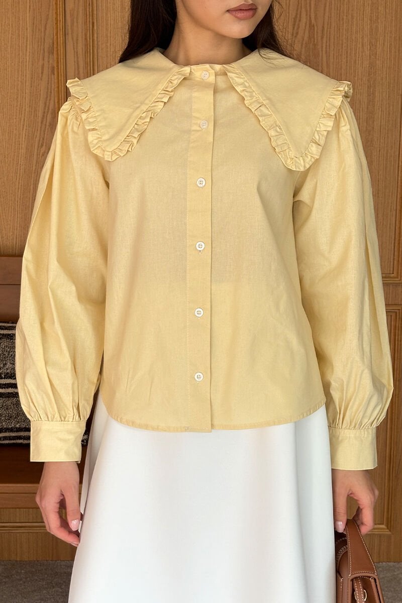 Tereyağ Sarısı Yakası Fırfırlı Crop Gömlek