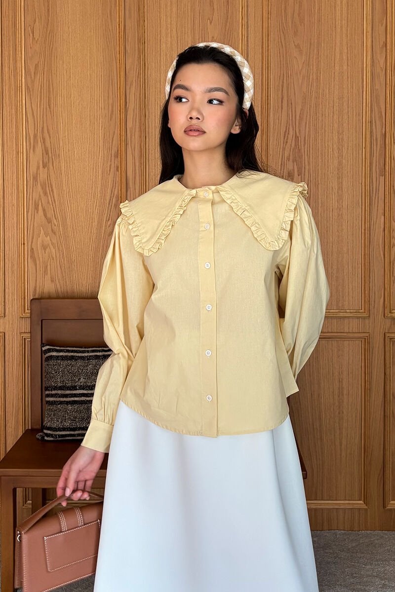Tereyağ Sarısı Yakası Fırfırlı Crop Gömlek