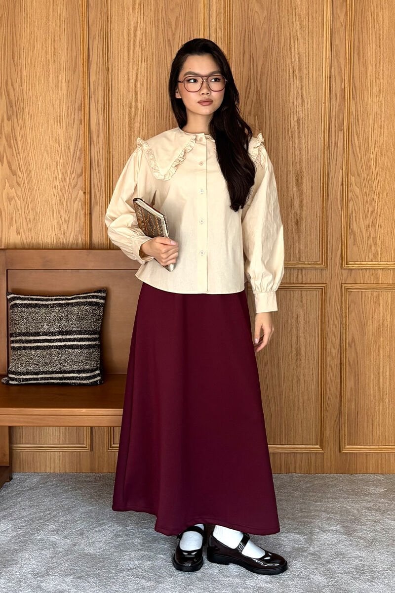 Krem Yakası Fırfırlı Crop Gömlek & Bordo Scuba Etek Takım