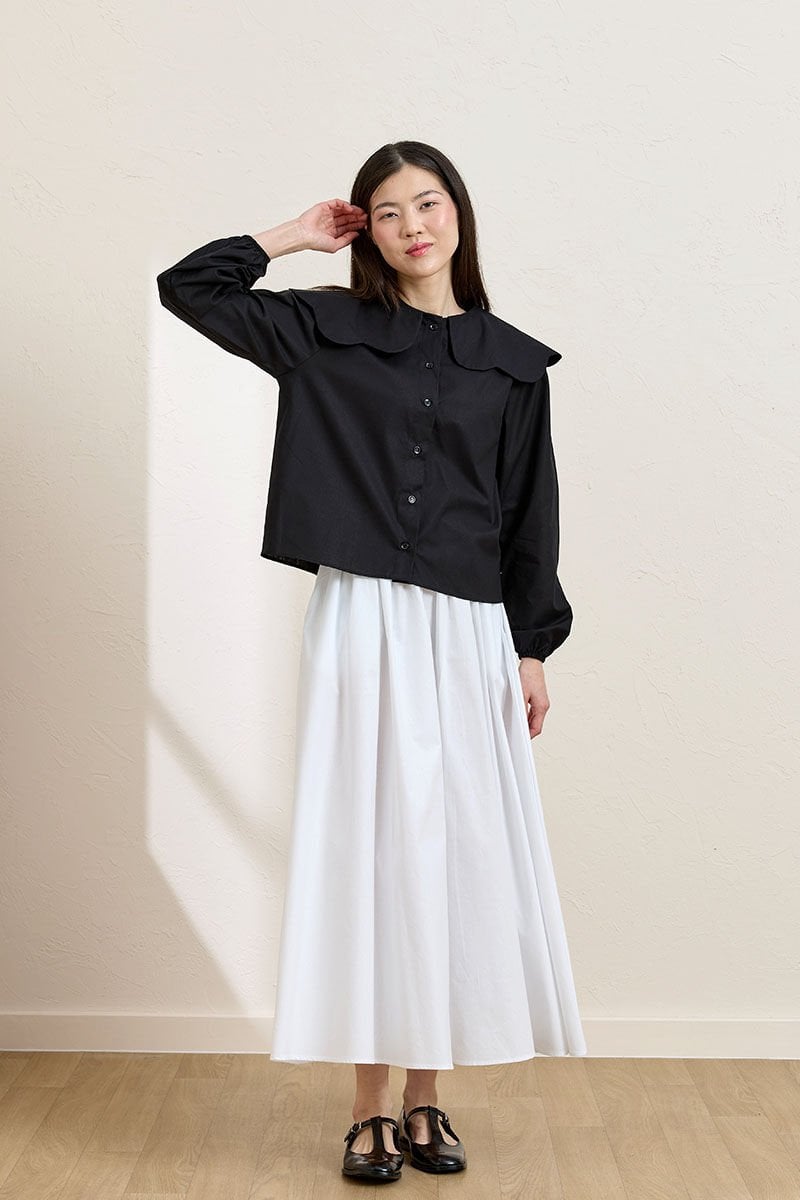 Siyah Papatya Yaka Crop Gömlek & Beyaz Balon Etek