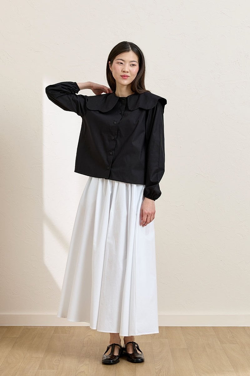 Siyah Papatya Yaka Crop Gömlek & Beyaz Balon Etek