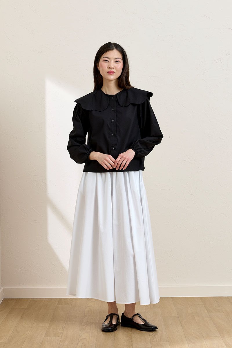 Siyah Papatya Yaka Crop Gömlek & Beyaz Balon Etek