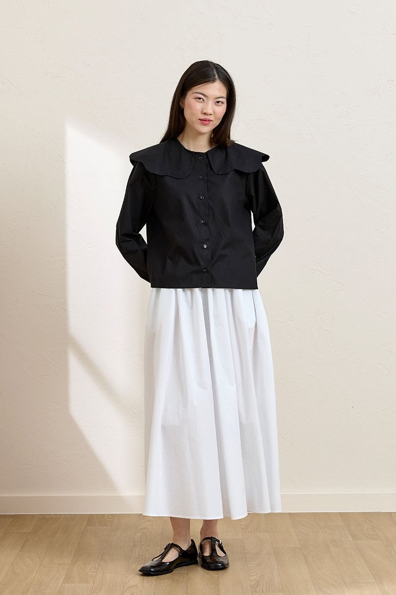 Siyah Papatya Yaka Crop Gömlek & Beyaz Balon Etek