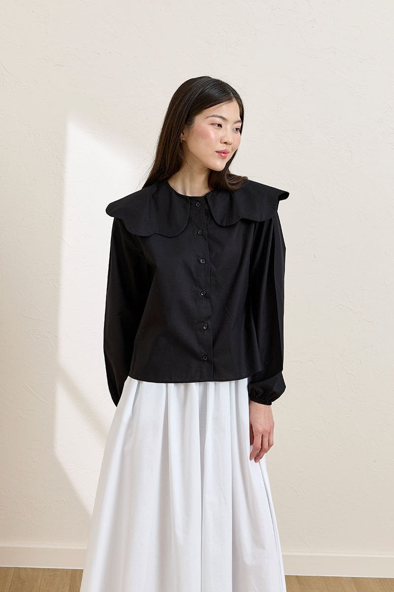 Siyah Papatya Yaka Crop Gömlek & Beyaz Balon Etek