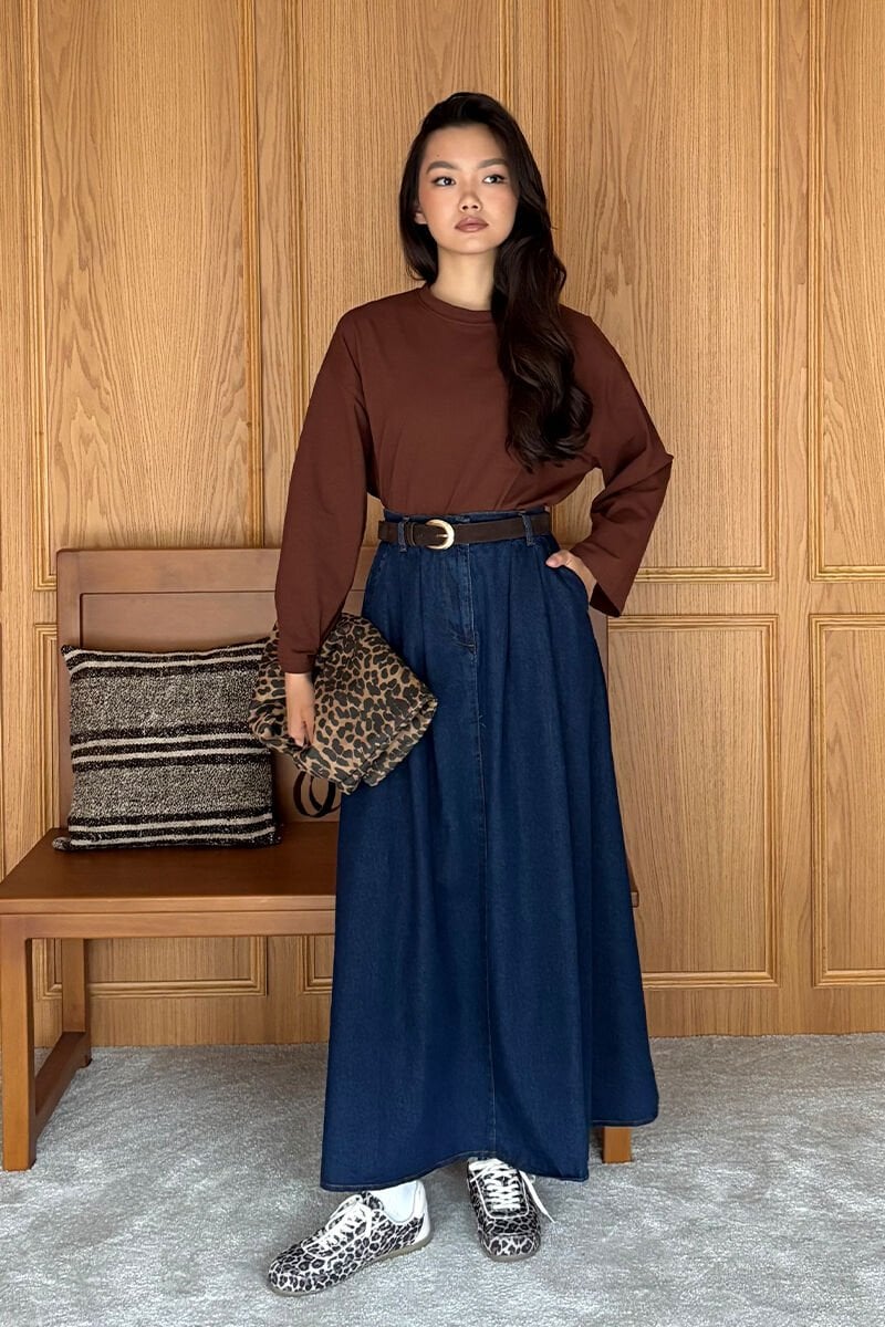 Acı Kahve Body & Kot Tek Düğmeli Etek Takım