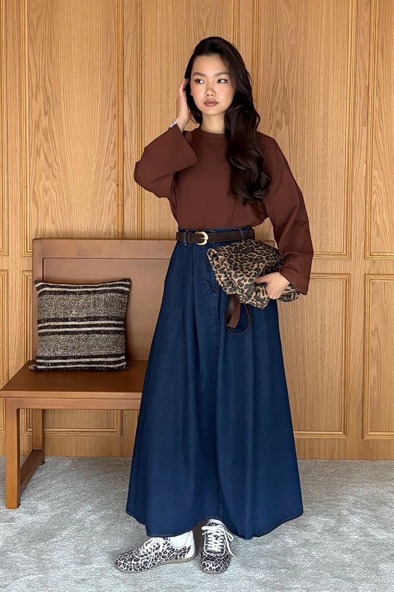 Acı Kahve Body & Kot Tek Düğmeli Etek Takım