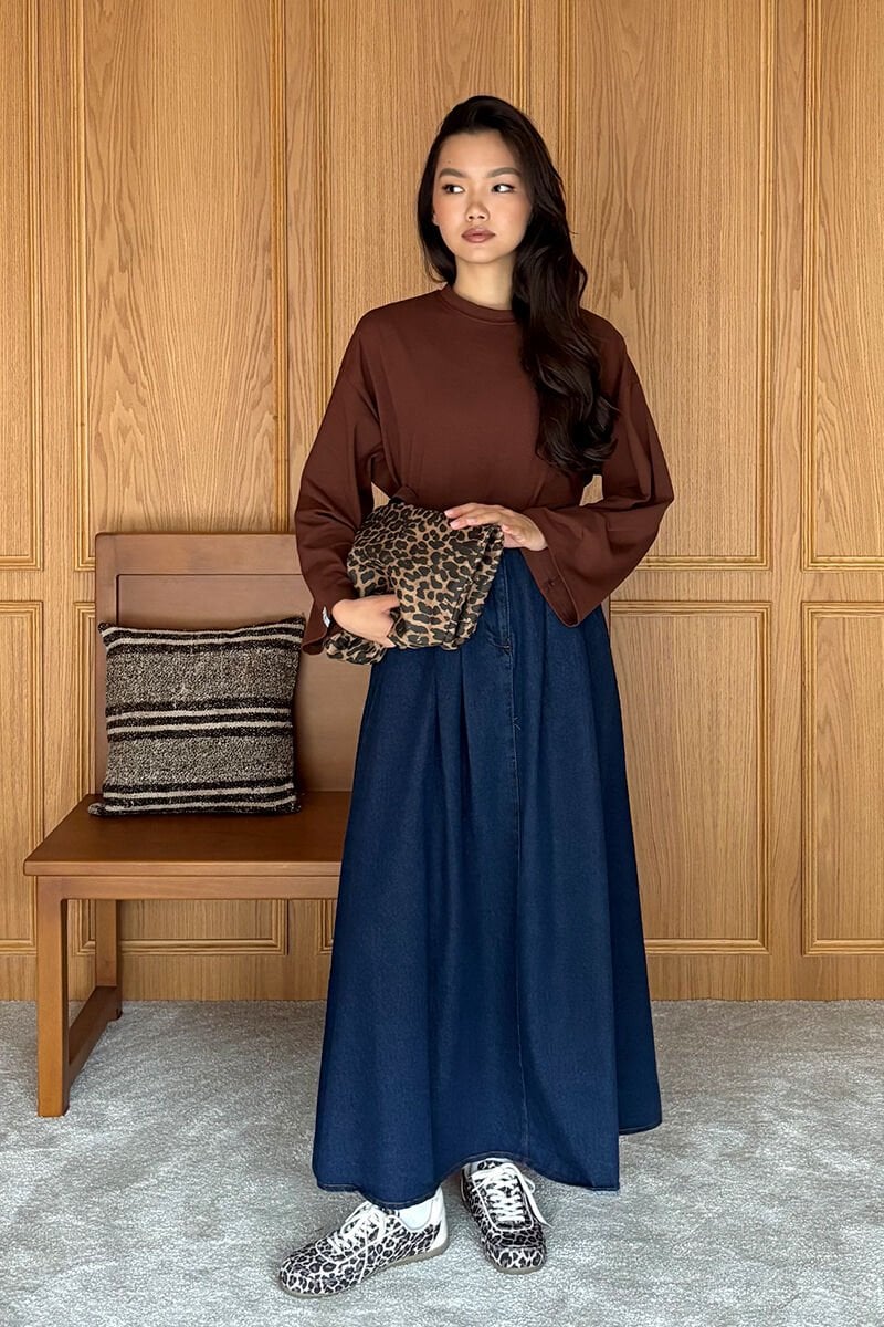 Acı Kahve Body & Kot Tek Düğmeli Etek Takım