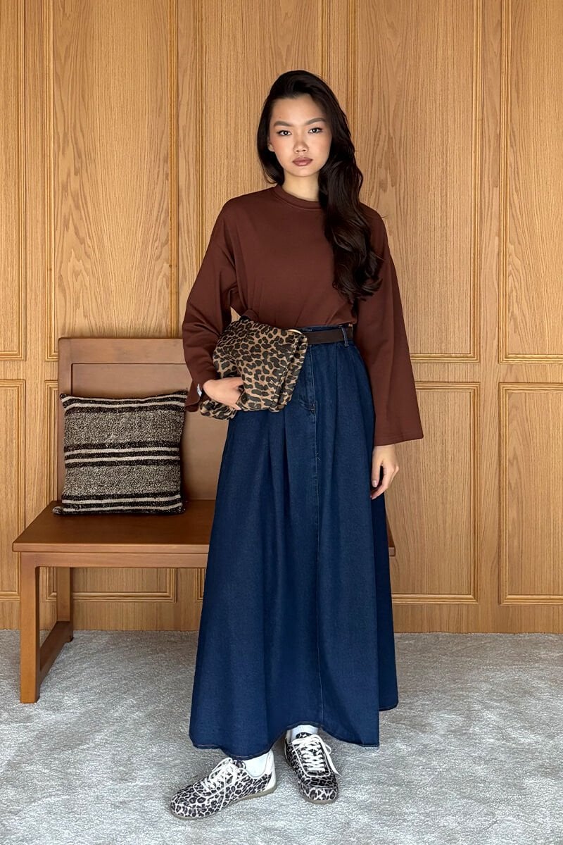 Acı Kahve Body & Kot Tek Düğmeli Etek Takım