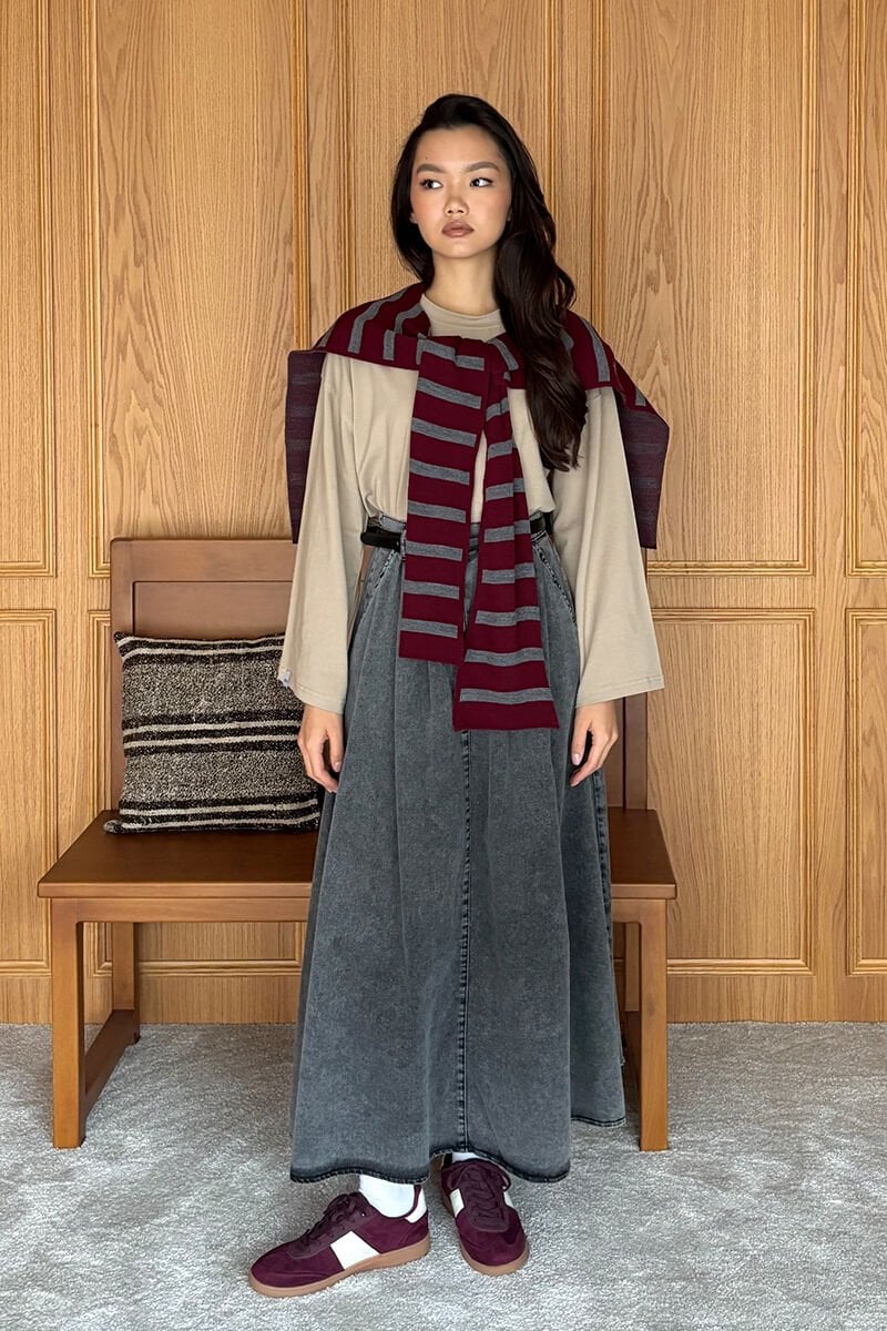 Bordo Çizgili Şal Atkı