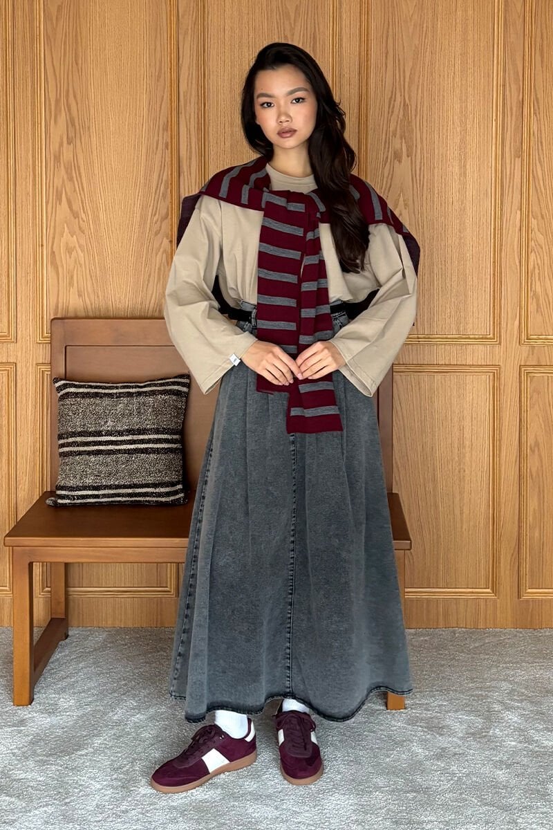 Bordo Çizgili Şal Atkı