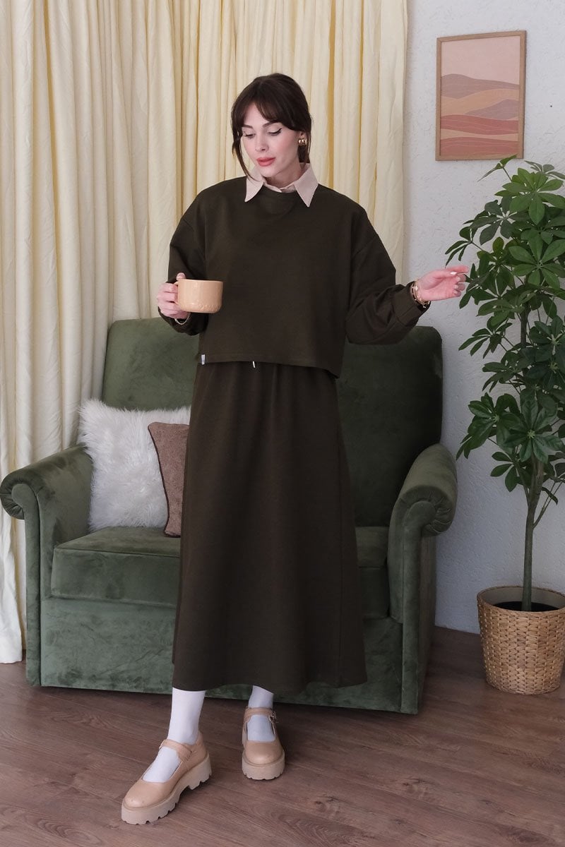 Haki Crop & Etek Takım