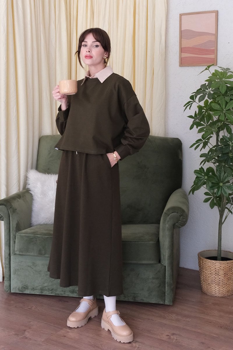 Haki Crop & Etek Takım