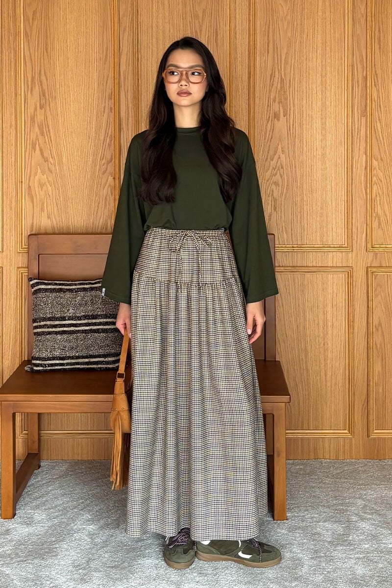 Haki Body & Kaz Ayağı Desen Etek Takım