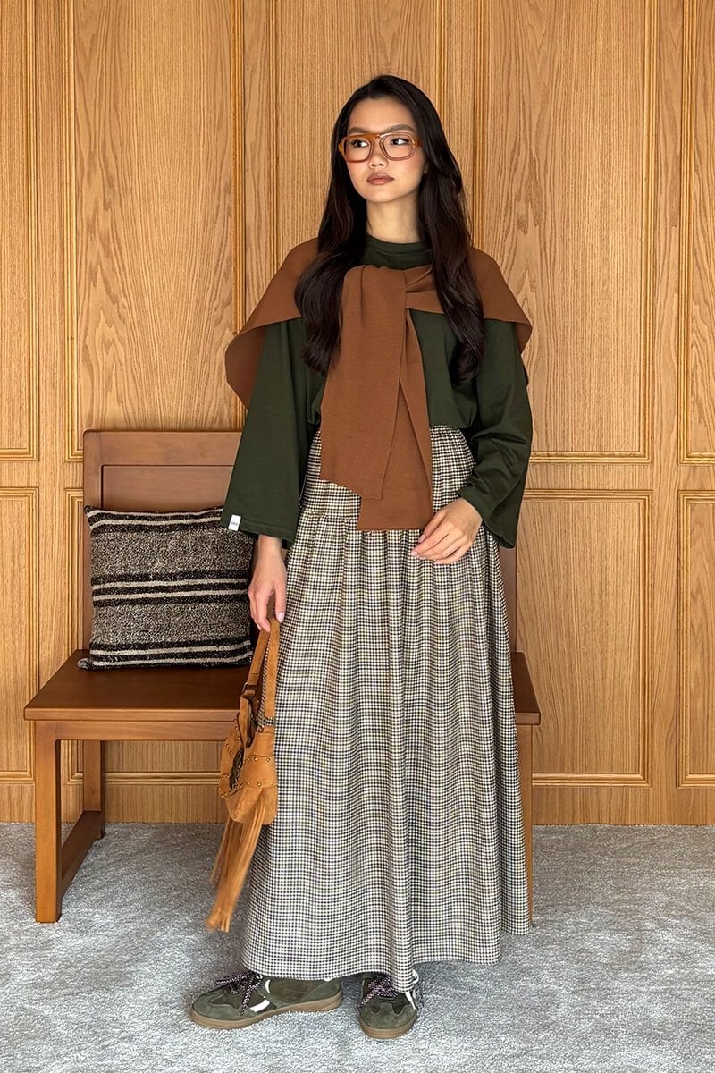 Haki Body & Kaz Ayağı Desen Etek Takım