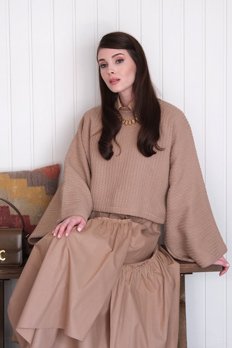 Karamel Yarasa Kol Triko Crop