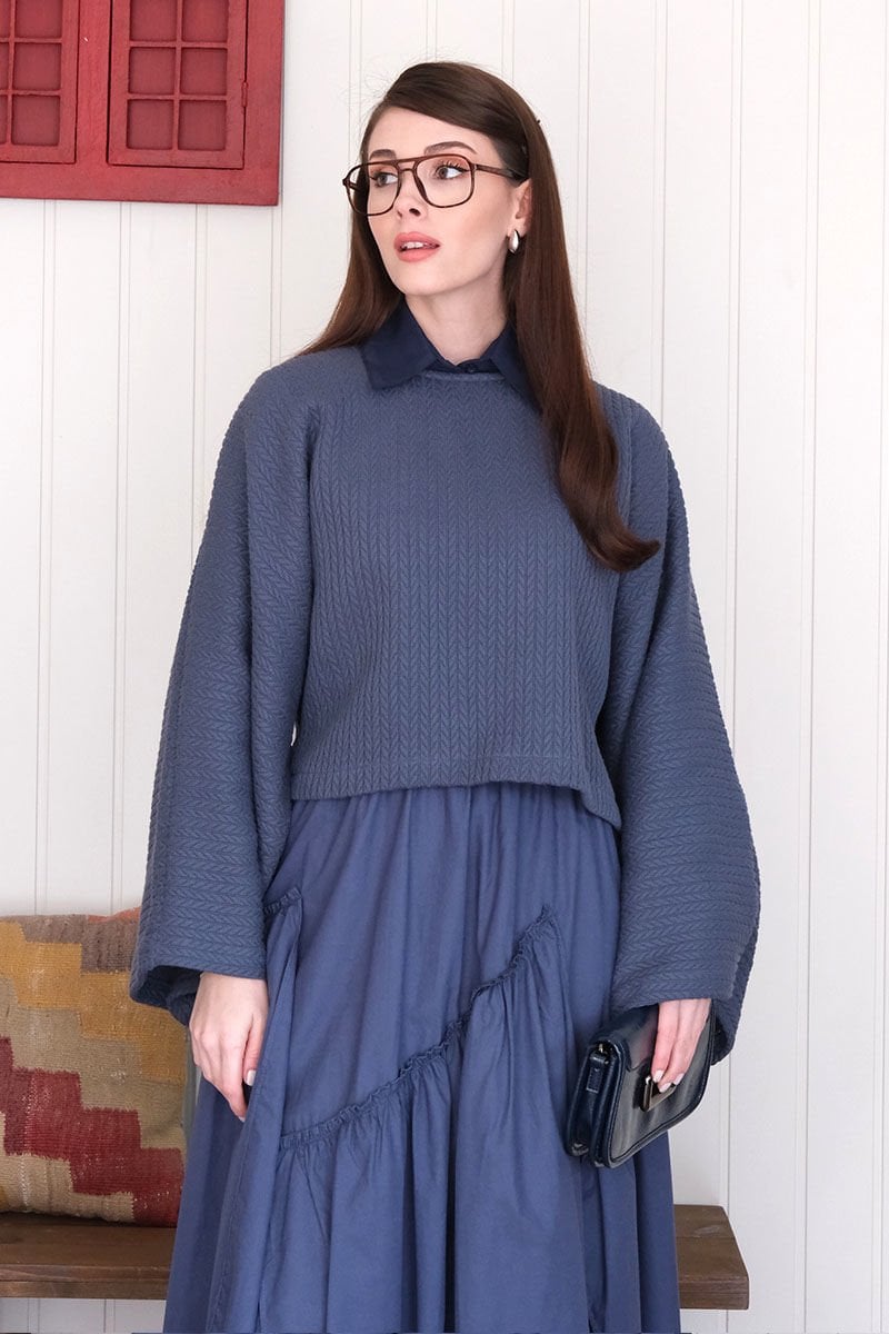 İndigo Yarasa Kol Triko Crop