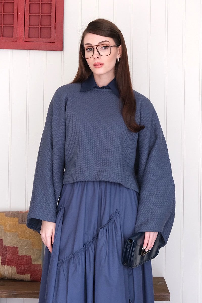 İndigo Yarasa Kol Triko Crop