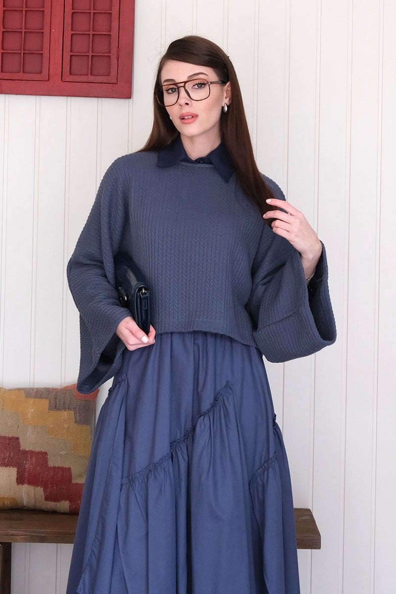 İndigo Yarasa Kol Triko Crop