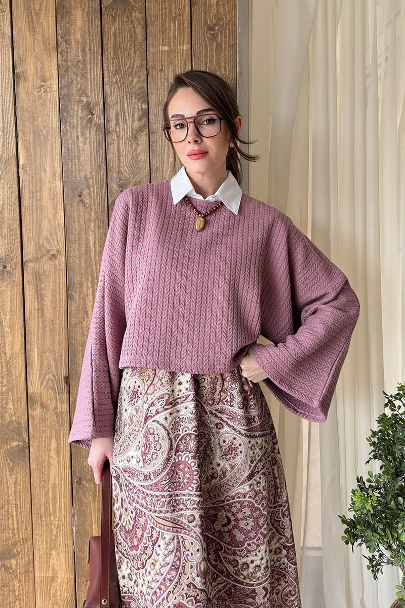 Soft Lila Yarasa Kol Triko Crop