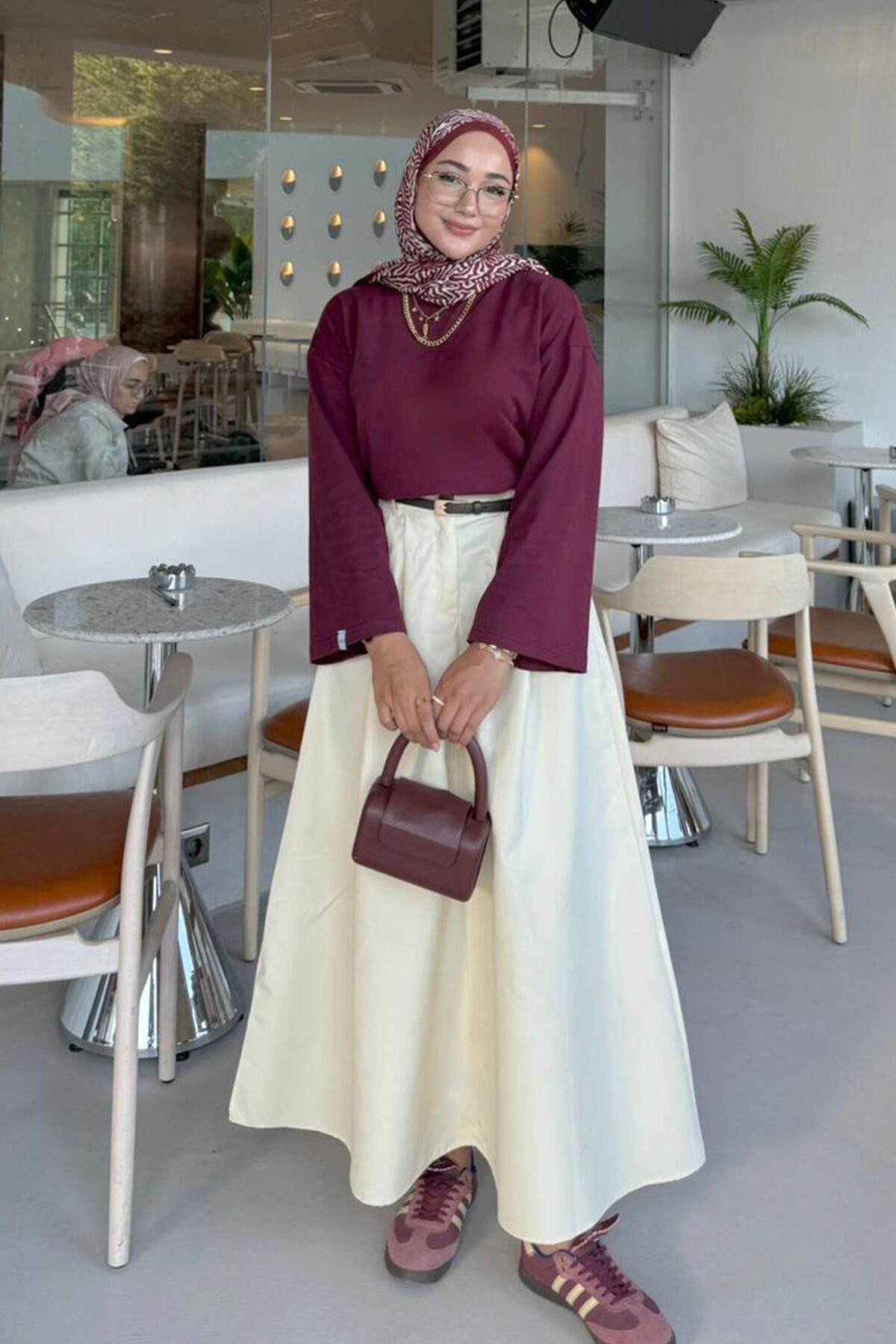 Bordo Body & Tereyağ Sarısı Tek Düğmeli Keten Etek