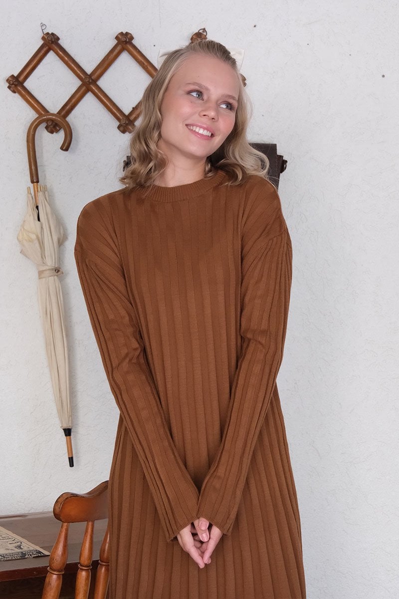 Camel Kloş Triko Elbise