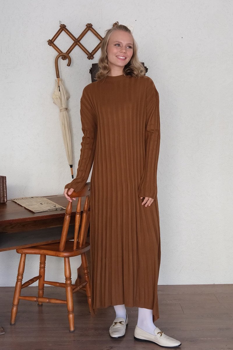 Camel Kloş Triko Elbise