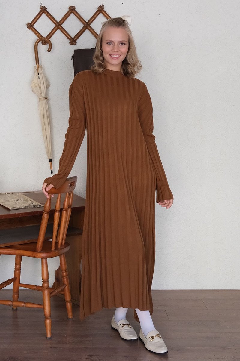Camel Kloş Triko Elbise