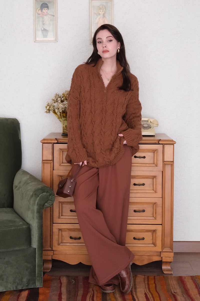 Camel Fermuarlı Kazak