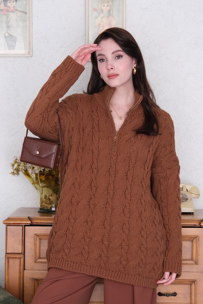 Camel Fermuarlı Kazak