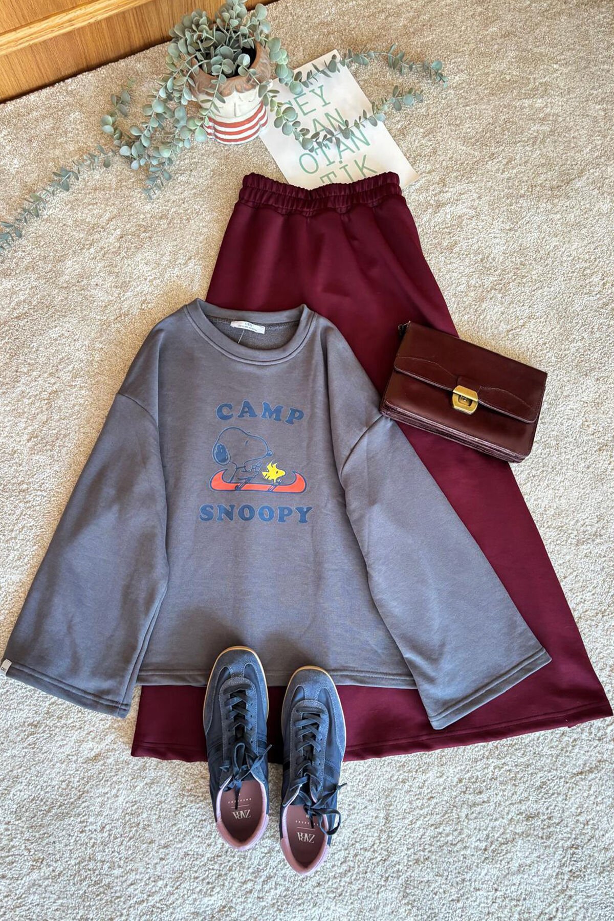 Antrasit Snoopy Baskılı 3 ip Body & Bordo Scuba Etek Takım