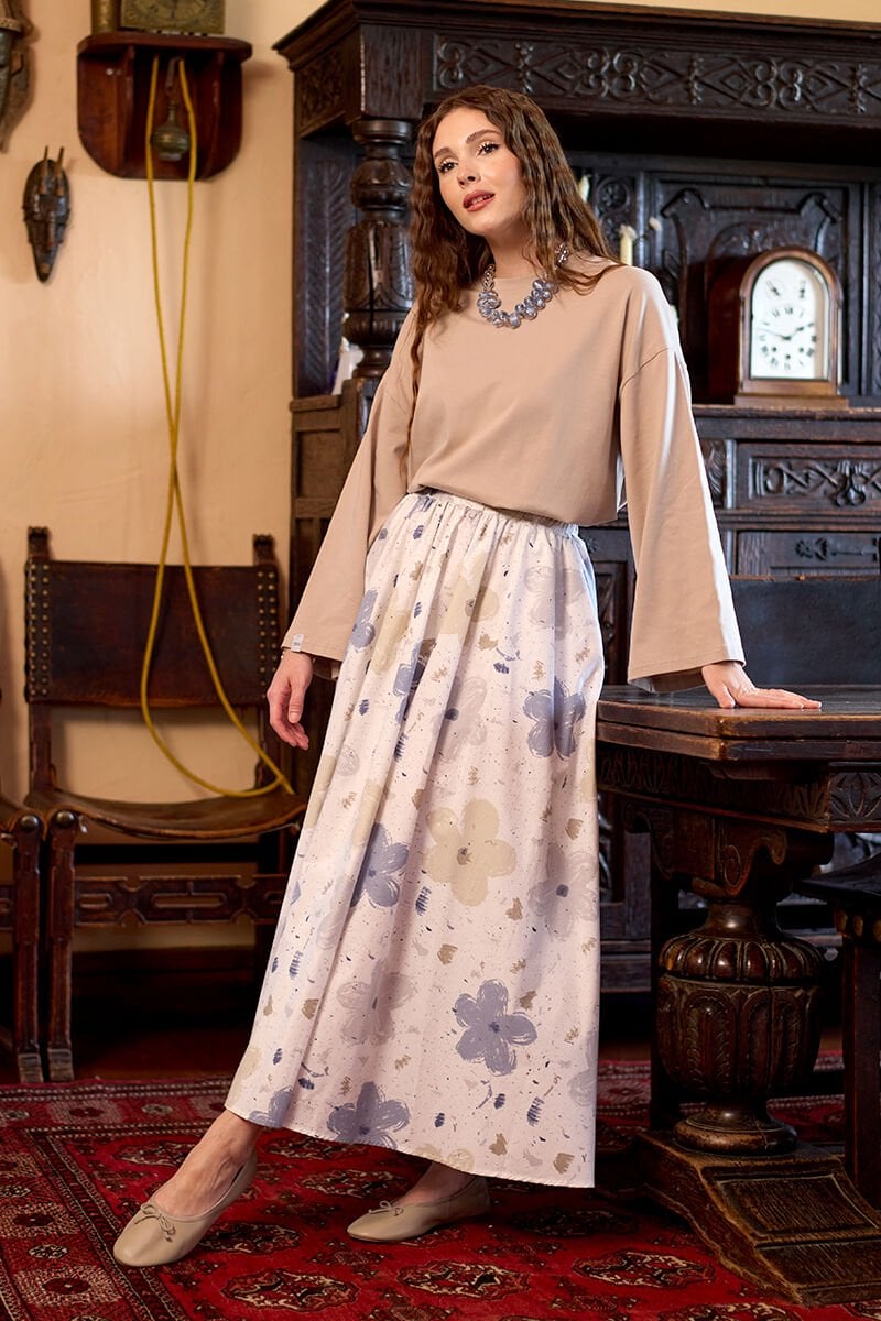 Soft İndigo Çiçek Desenli Balon Etek