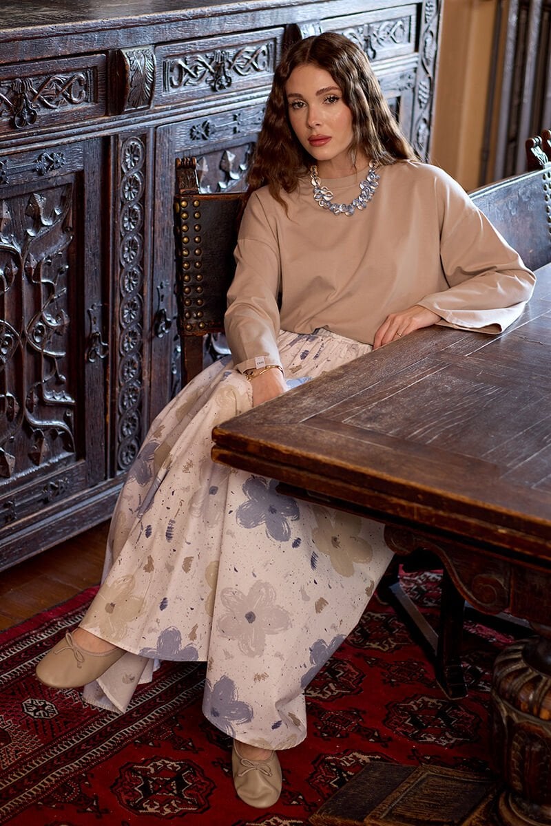 Soft İndigo Çiçek Desenli Balon Etek