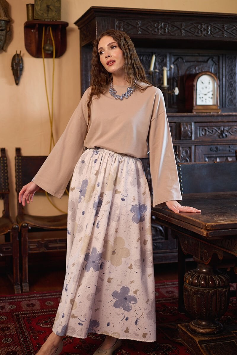 Soft İndigo Çiçek Desenli Balon Etek