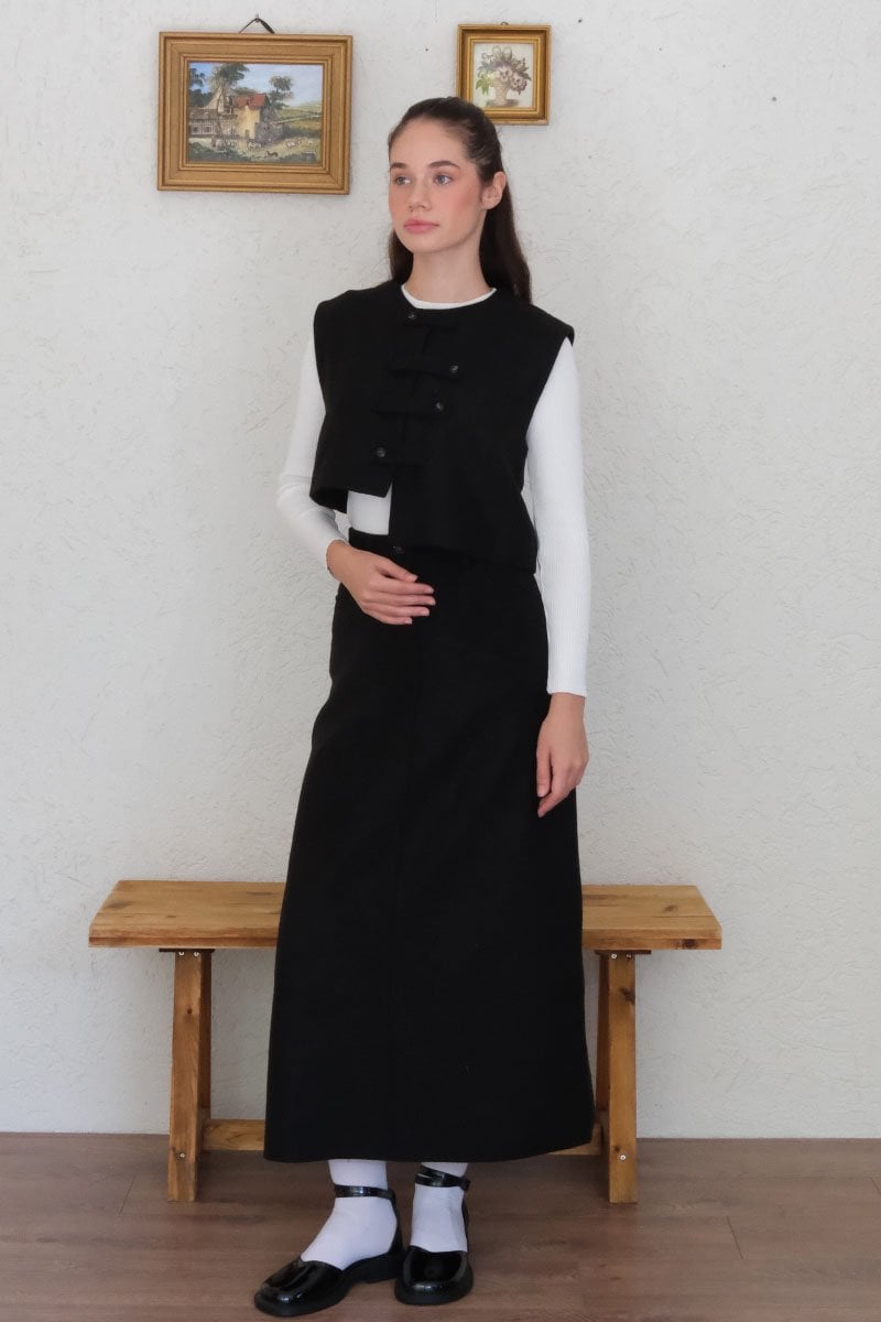 Siyah Kaşe Çapraz Düğmeli Vintage Yelek