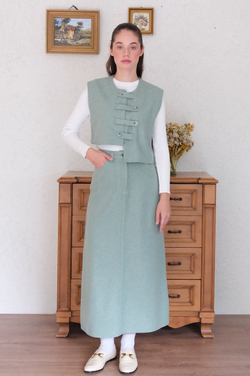 Mint Yeşili Çapraz Düğmeli Vintage Yelek
