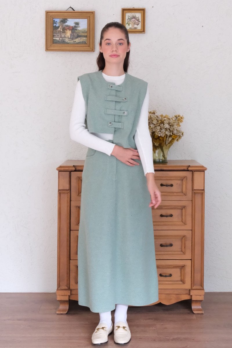 Mint Yeşili Çapraz Düğmeli Vintage Yelek