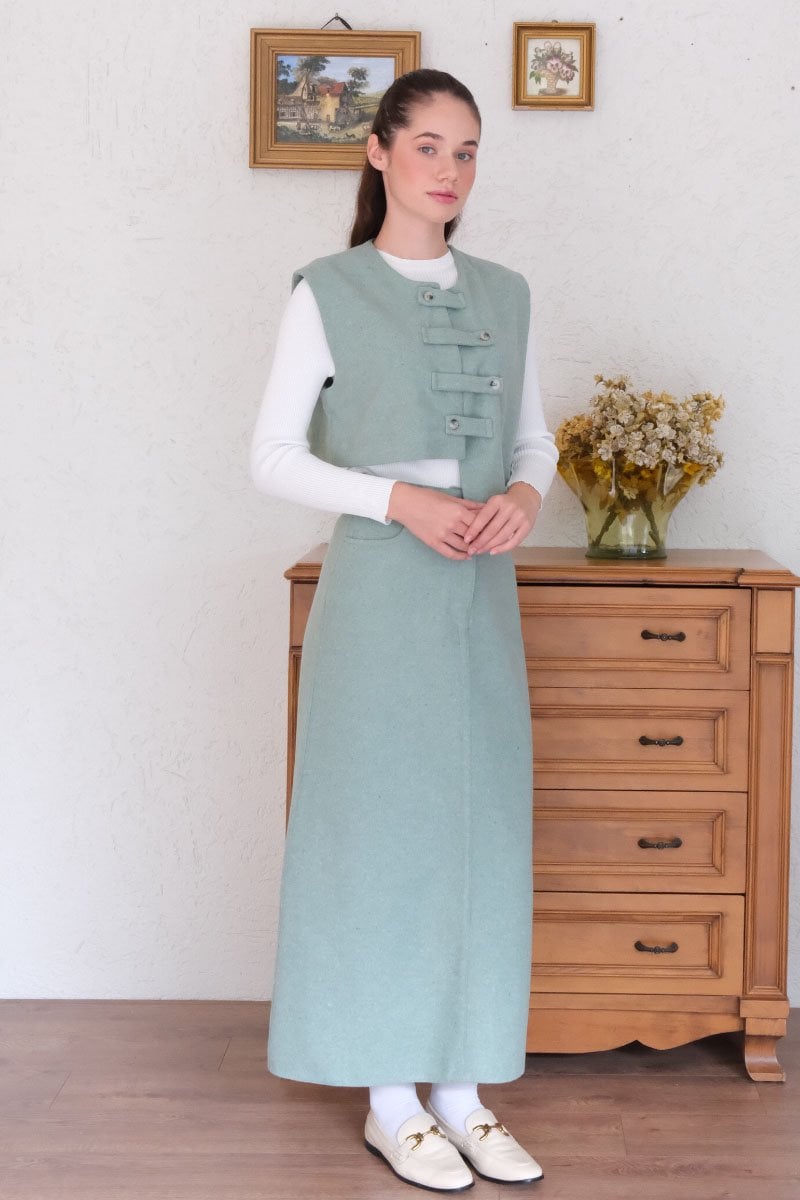 Mint Yeşili Çapraz Düğmeli Vintage Yelek