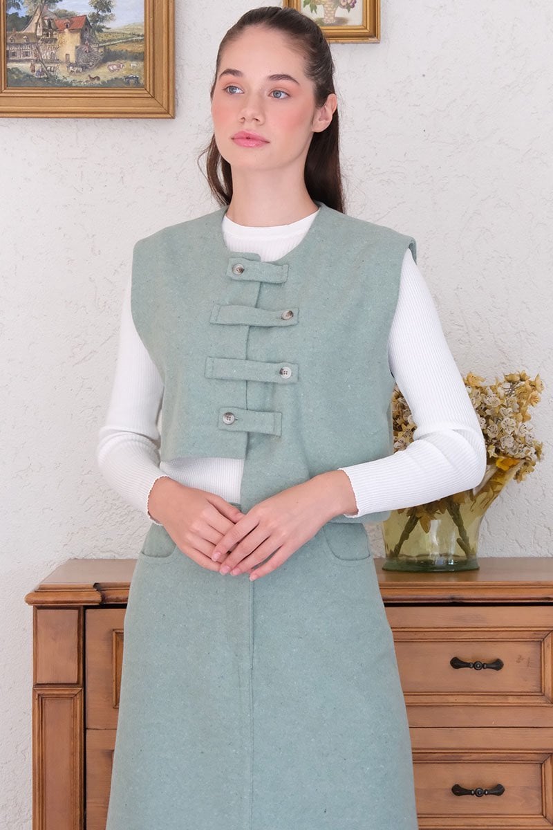 Mint Yeşili Çapraz Düğmeli Vintage Yelek